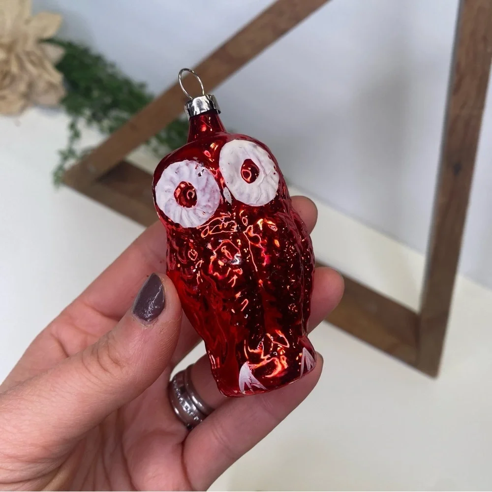 Vintage Red Hand Blown Glass Owl Ornament Made in Czechoslovakia Big White Eyes